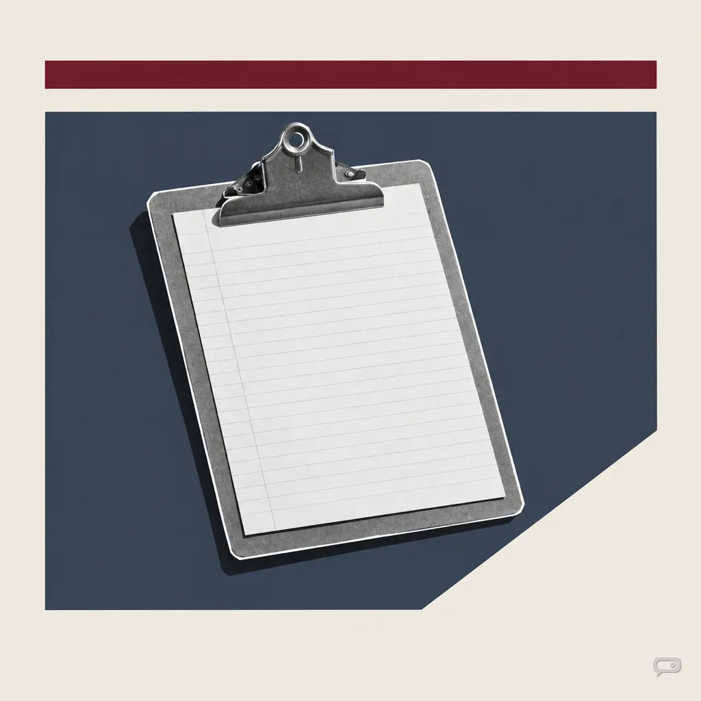 Photomontage of a clipboard holding a blank ruled sheet on a slate block with a putty diagonal and an oxblood bar