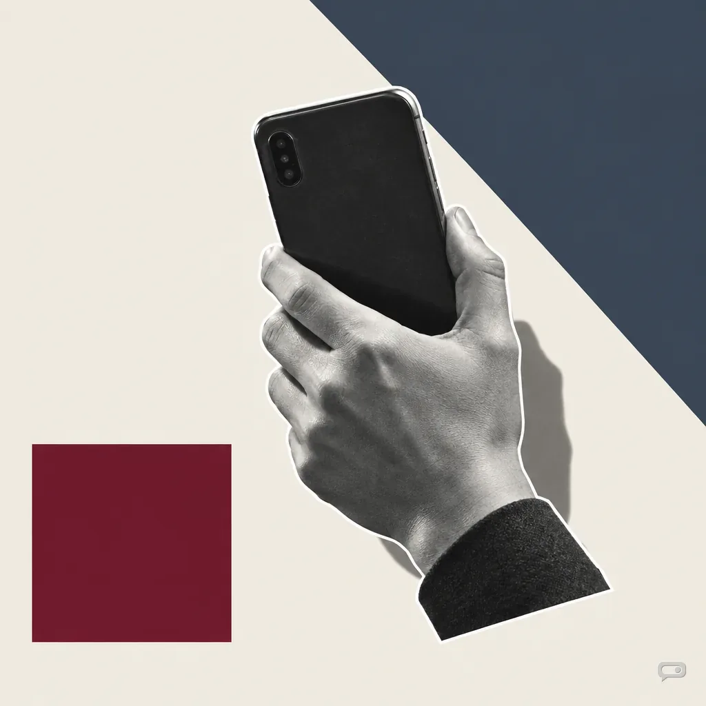 Photomontage of a hand holding a phone from behind on putty with a slate diagonal and an oxblood square