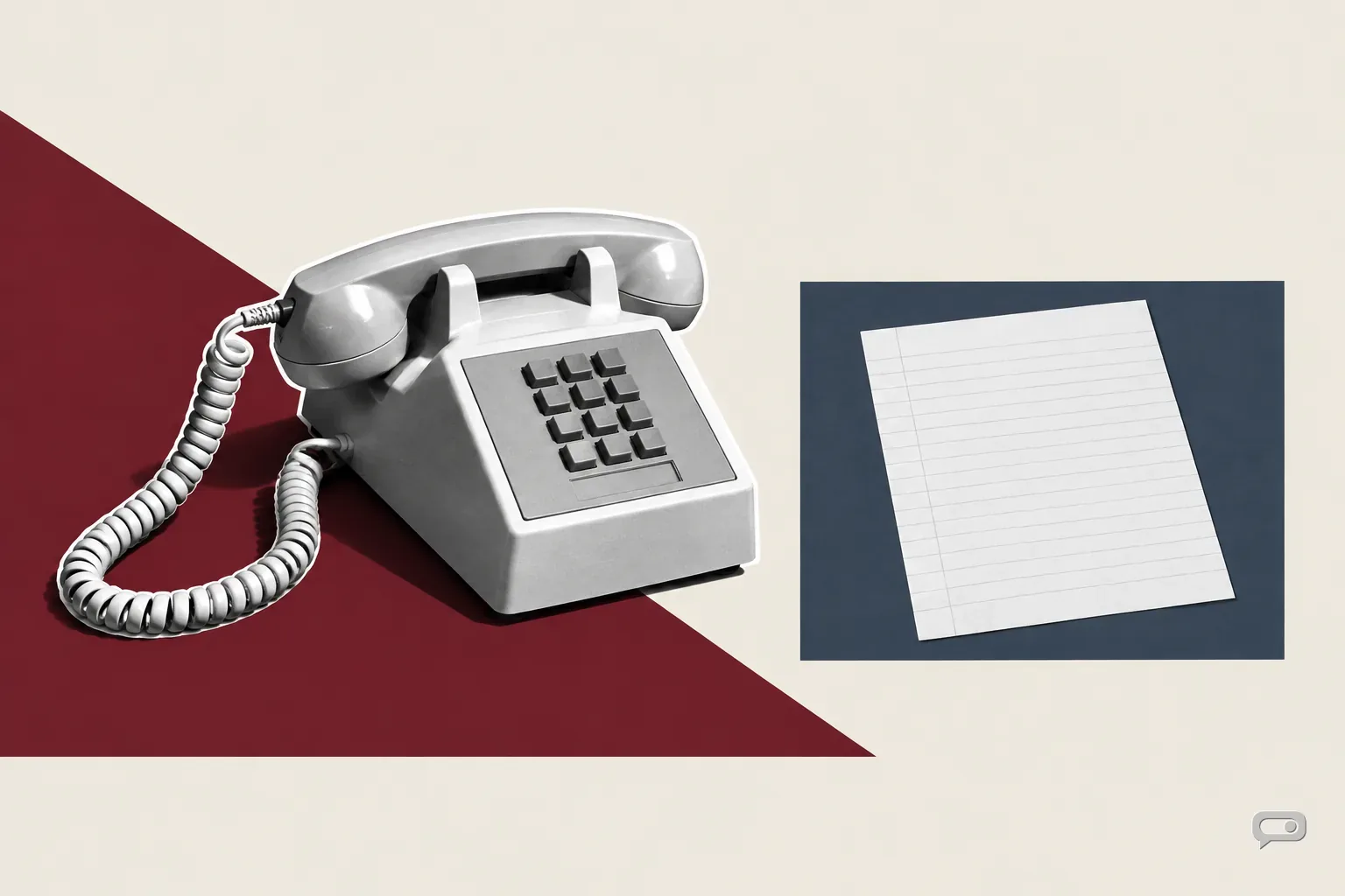 Photomontage of a desk telephone and a blank ruled sheet on putty, oxblood and slate planes
